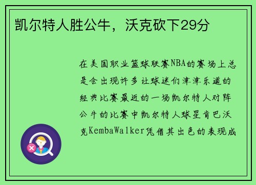 凯尔特人胜公牛，沃克砍下29分